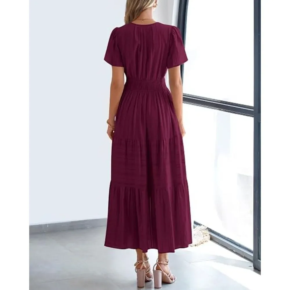 Women's Wine Red V Neck Short Sleeve A Line Summer Casual Maxi Dress Pockets